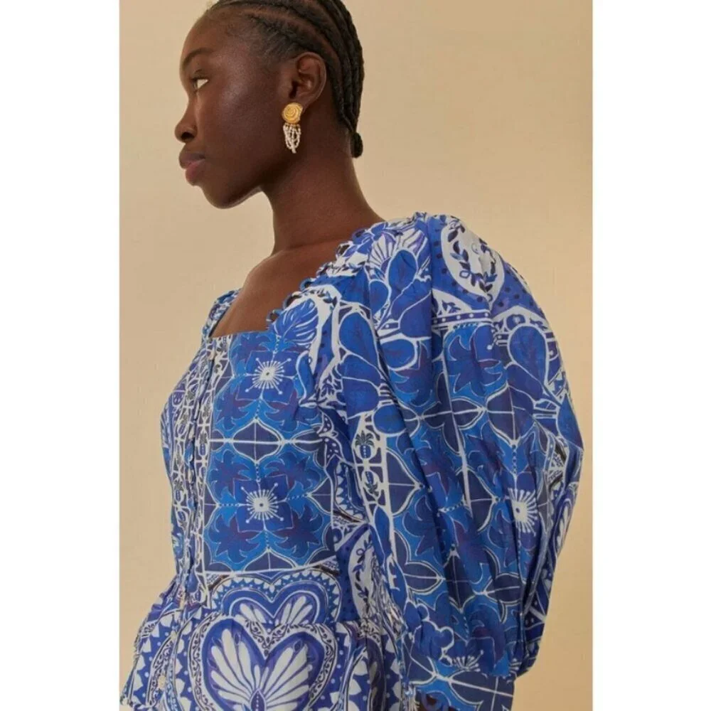 💕FARM RIO💕 Blue Tile Dream Short Sleeve Blouse ~ Floral Large L NWT *DAMAGED*